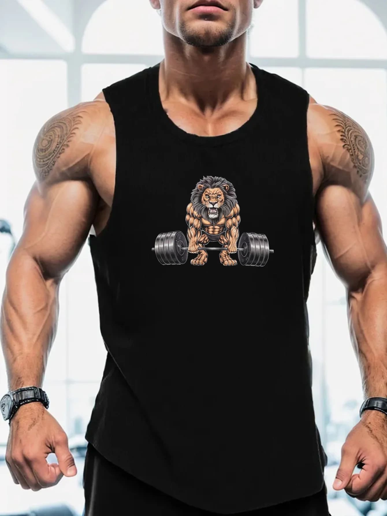 Men's Sports Canotta with Muscle Lion Barbell print - Summer sportswear, crew neck, washing machine washable, regular fit