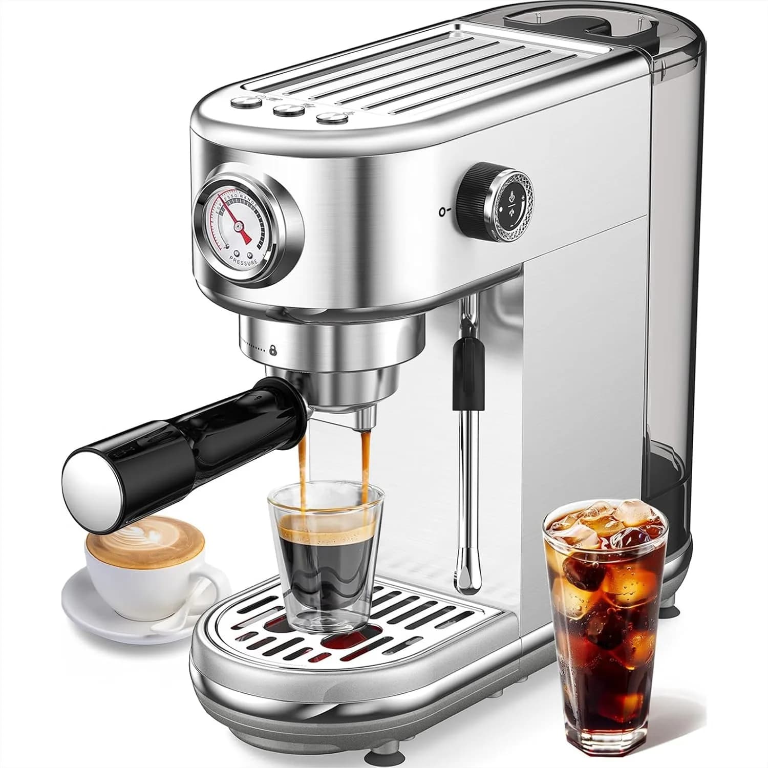 Espresso Machine with Milk Frother, 20 Bar Pressure, 44oz Tank, Compact Stainless Steel Coffee Maker for Home Office Latte