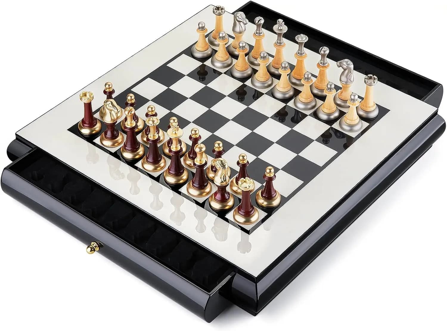 AMEROUS 16 Inches Wooden Chess Set, Large Size Board with 2 Built-in Storage Drawers - 2 Extra Queens - Metallic & Wooden Chess