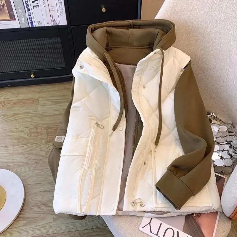 2026 Winter New Fashionable Splicing Thickened Warm Coat Women European Hoodie Hooded Fake Two-Piece Cotton Jacket Female Top
