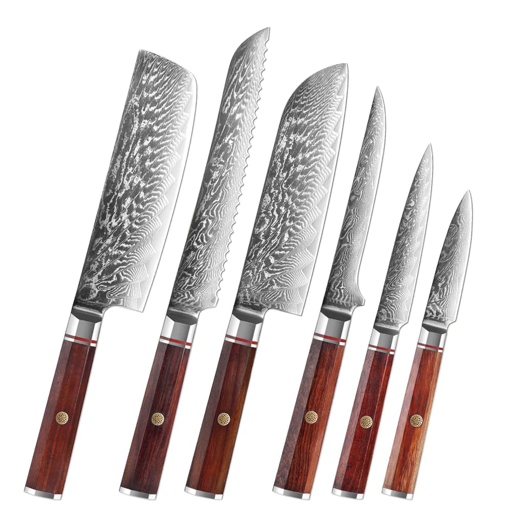 Set di Coltelli da Cucina 1-6 Pezzi in Acciaio Damascato: Santoku, Manioca, Paring, Pane, Disosso, Coltelli da Cucina con Manico Ottagonale Rosso Acid Branch