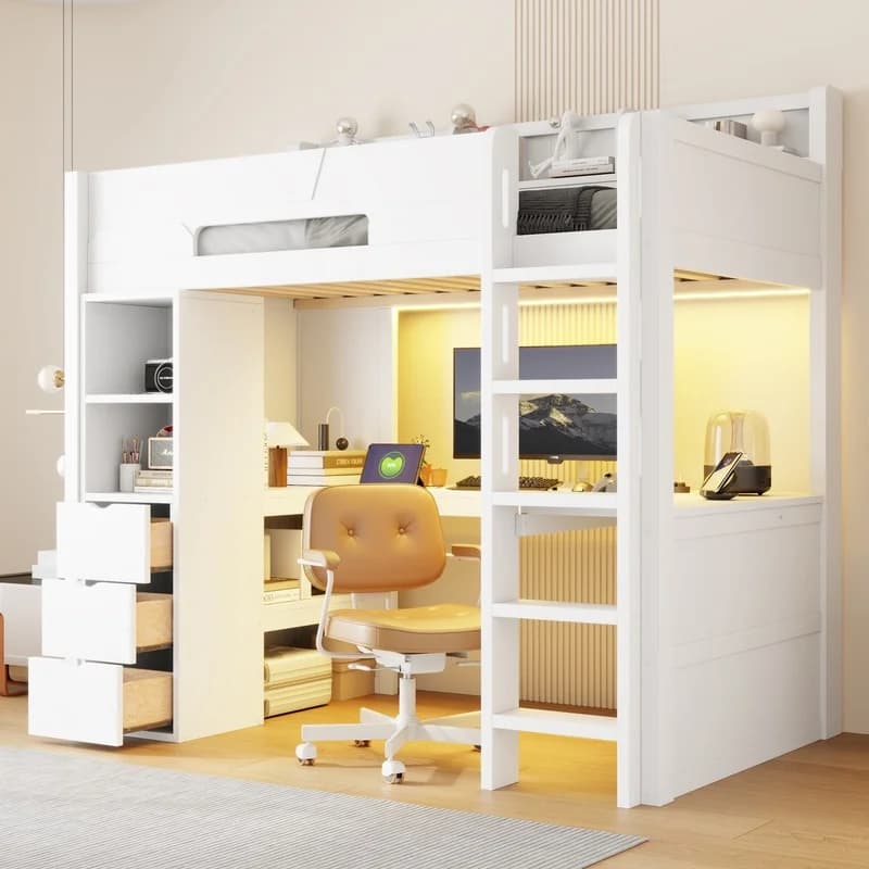 White Twin Wooden Gaming Loft Bed with U-Shape Desk, RGB LED Lights, USB Ports, 3 Drawers, Storage Shelves for Teens & Adults