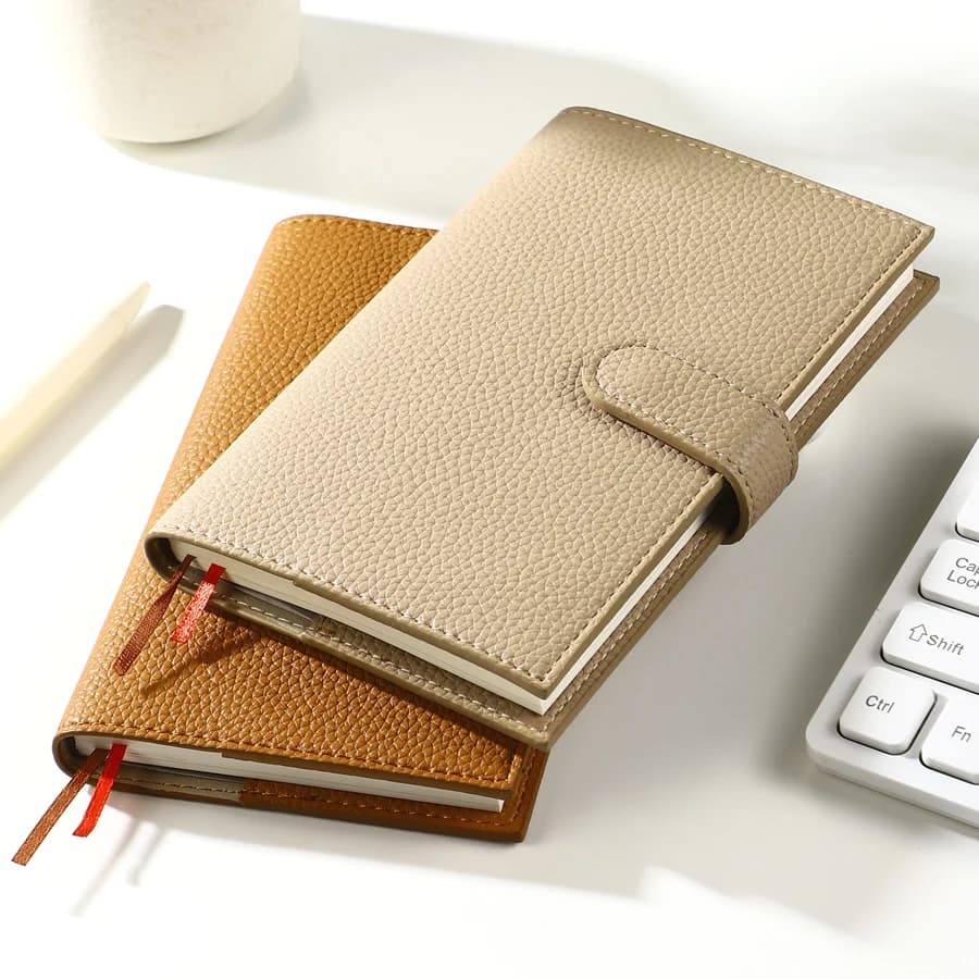 A6 Undated Weekly Planner Lychee PU Leather Notebook Snap Button Self-Filled Schedule Diary for Organizing