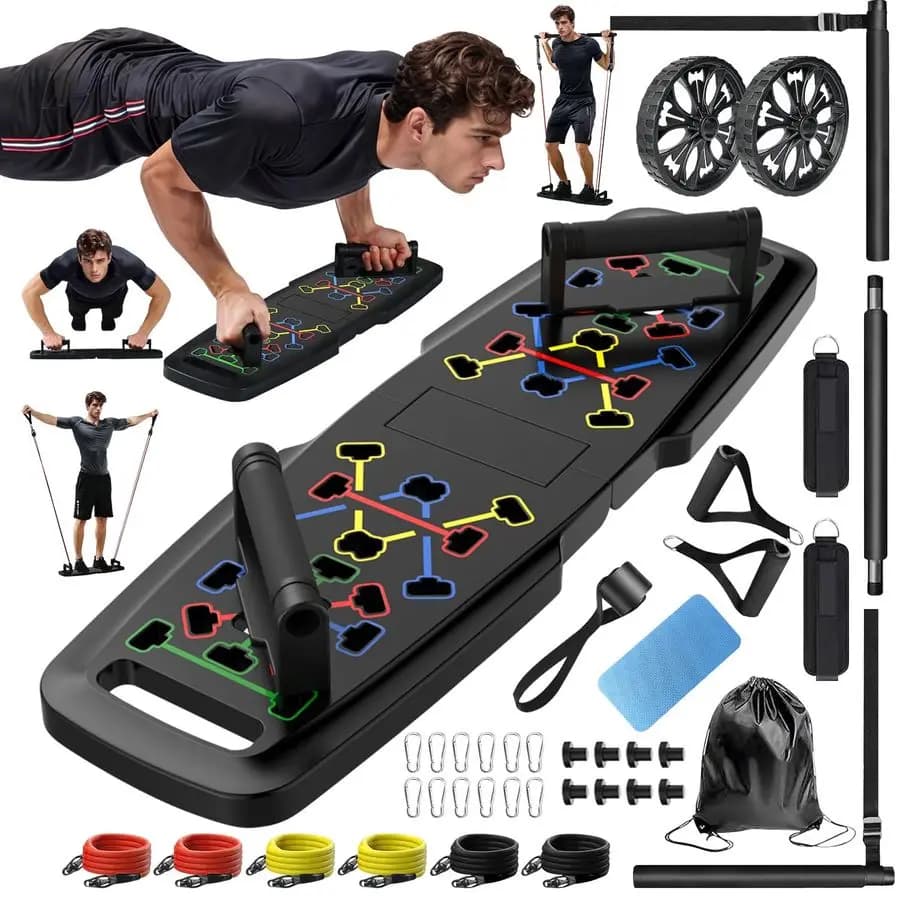 Feeding Table, Home Gym Equipment, Portable Exercise Equipment, Pilates Bar and 20 fitness accessories with abdominal resistance and wheel bands