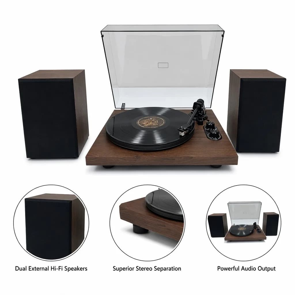 Professional Hi-Fi 3-Speed Belt Drive Wireless Bluetooth with Dual External Speakers Walnut Wood **Vinyl Record Player**