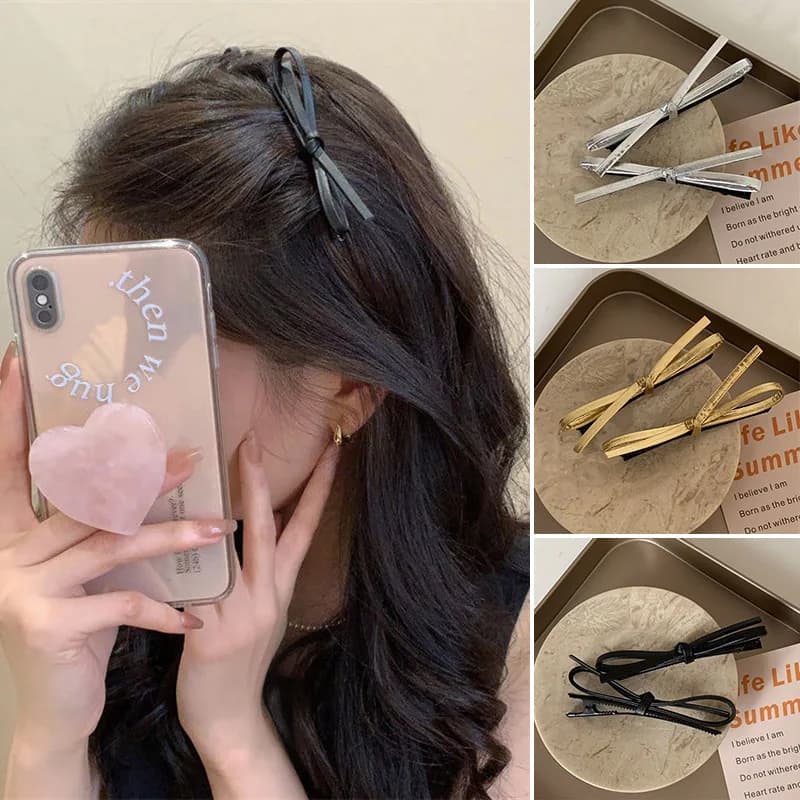 Fermagli per capelli con fiocco in pelle Ragazza coreana Tinta unita Bowknot Fermagli per lingua d'anatra Mollette semplici Clip laterale Accessori per capelli alla moda