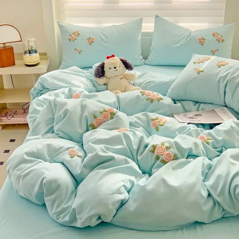 Set di biancheria da letto in cotone lavato stile INS, copripiumino ricamato con lenzuolo piatto/attillato, set di biancheria da letto per tutte le stagioni 3/4 pezzi