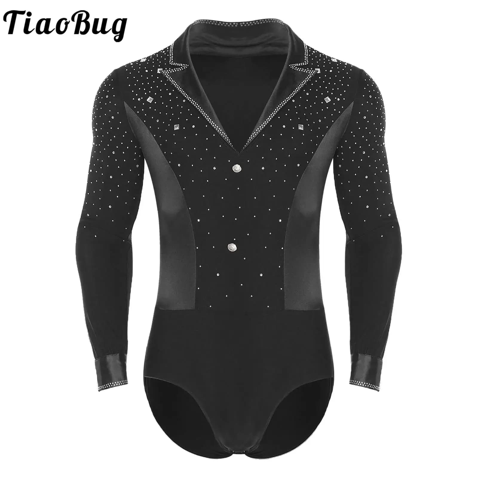 Uomo Ginnastica Ritmica Tuta Tango Rumba Chacha Ballo Latino Body Camicie Manica Lunga Acrobazie Pattinaggio di Figura Body