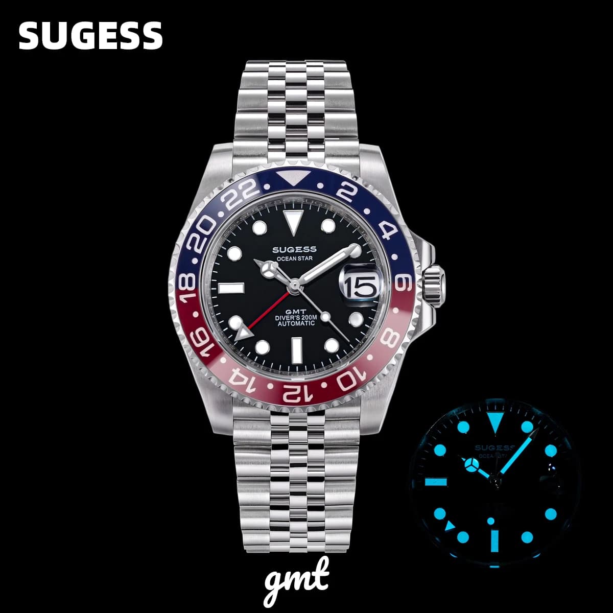 Orologio Subacqueo Automatico da Uomo Sugess GMT, Impermeabile, Movimento Peacock SL3032, Ghiera in Ceramica, Cinturino Jubille