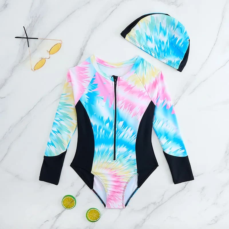 7-12 Years Long Sleeved Girls Full Swimwear Children's Swimwear 2025 Patchwork Swimwear Cap