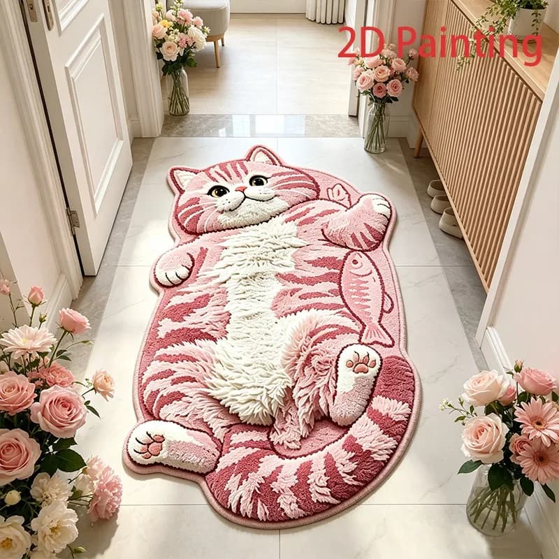 Creative Cute Pink Cat Fish Pattern Carpet Fun Cartoon Living Room Carpet Home Decor Soft Comfortable Bedroom Bedside Floor Mat