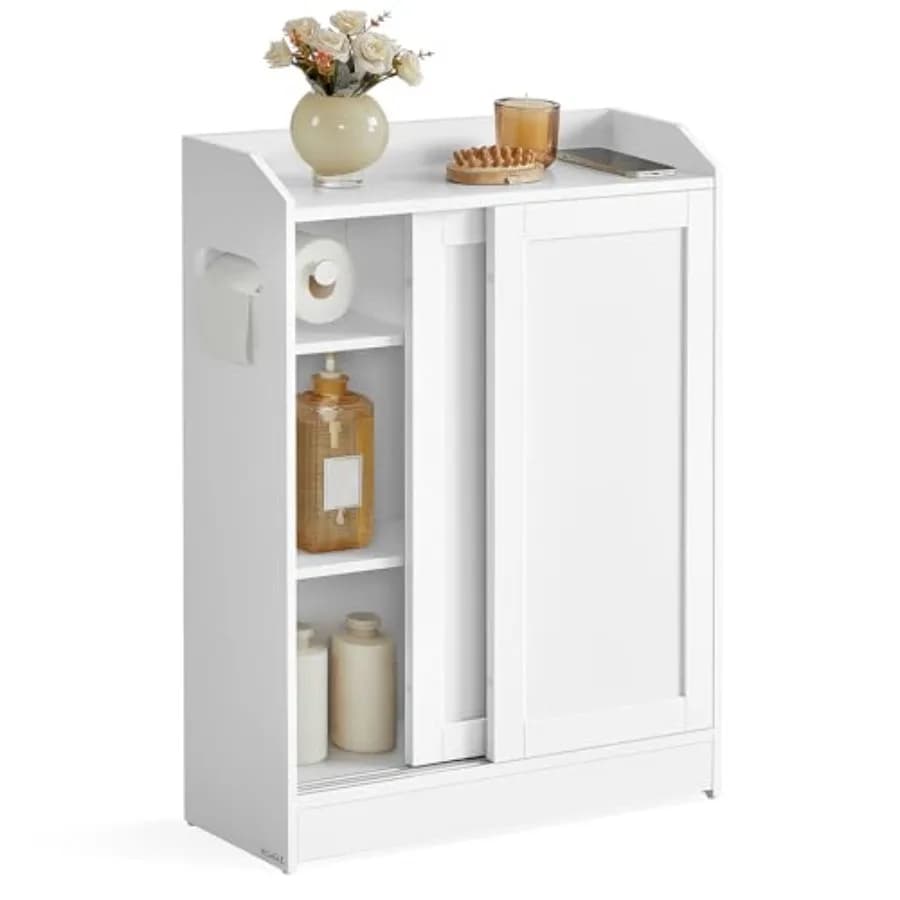 Narrow Storage Cabinet Slim Floor Cabinet with Sliding Doors Toilet Paper Holder and Brush Compartment for Bathroom and Living