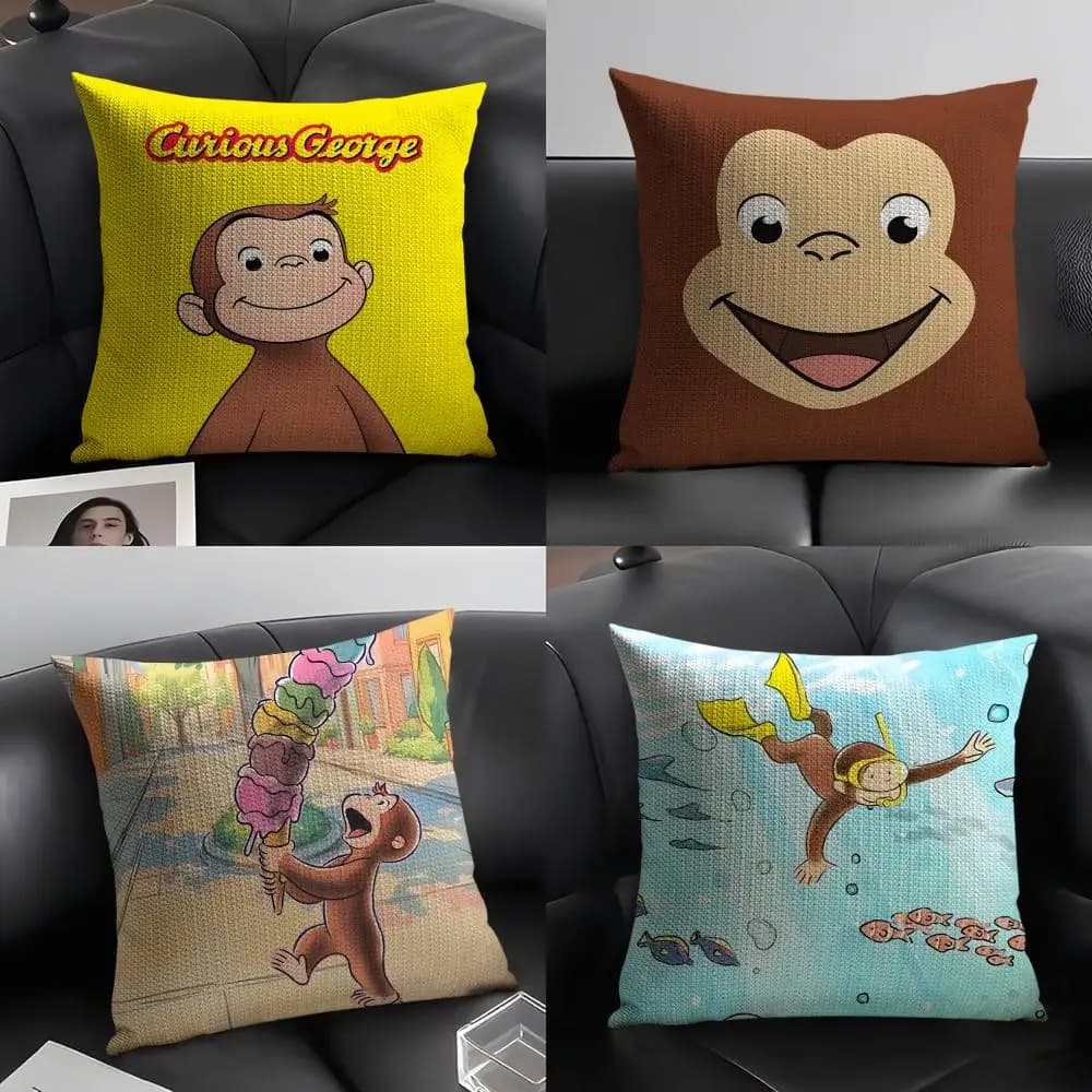 Curious George Monkey pillow sheet in natural linen, organic fabric, front-back printing, sofa and home decoration, gift, pillowcase