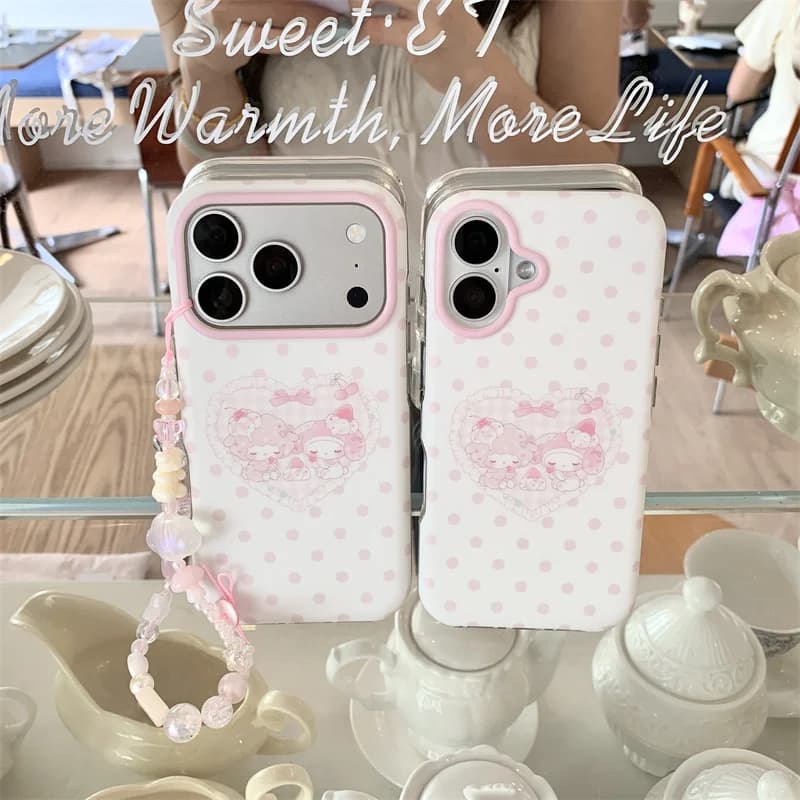 Cute My Melody Piano Case For iPhone 15 16 17 Pro Max Pink Polka Dot Heart Dual Camera Frame Pastel Pink Mixed Bead Phone Cover