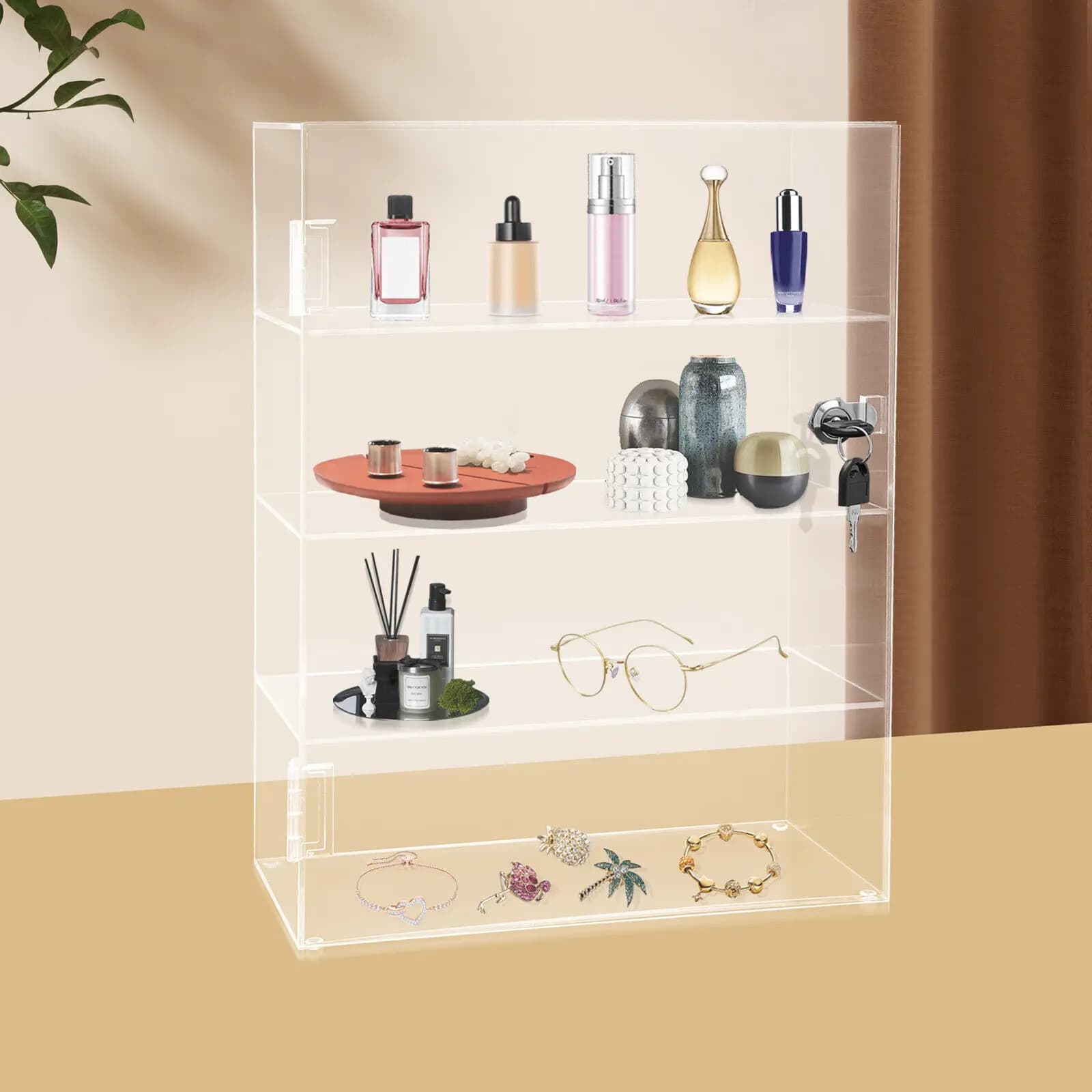 4-Tier Acrylic Display Case with Lock,Transparent figurine storage box, Lockable cabinet-style door with dust-proof storage rack