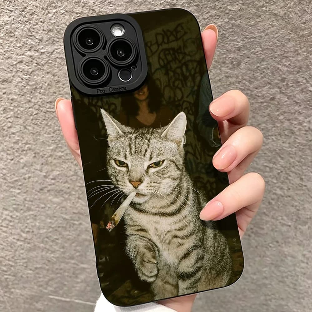 Vintage Cool Tabby Cat Cigarette Print Phone Case For iPhone 17 16 15 14 13 12 11 Pro Max 16 15 14 8 7 Plus 17E X XR 17Air Cover