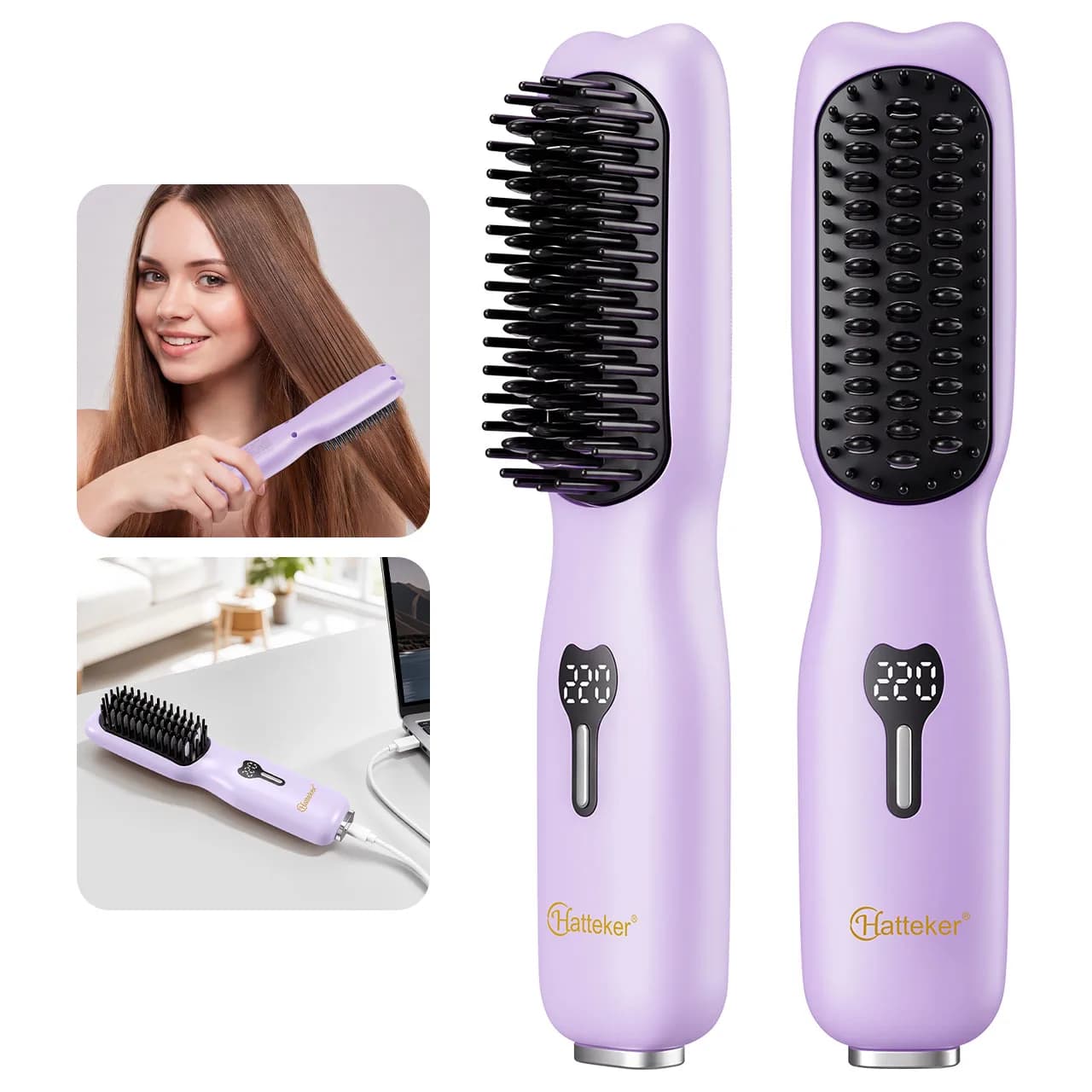 Hatteker Wireless Hair Straightening Comb Portable USB Multi-temperature Control for Straightening And Curling