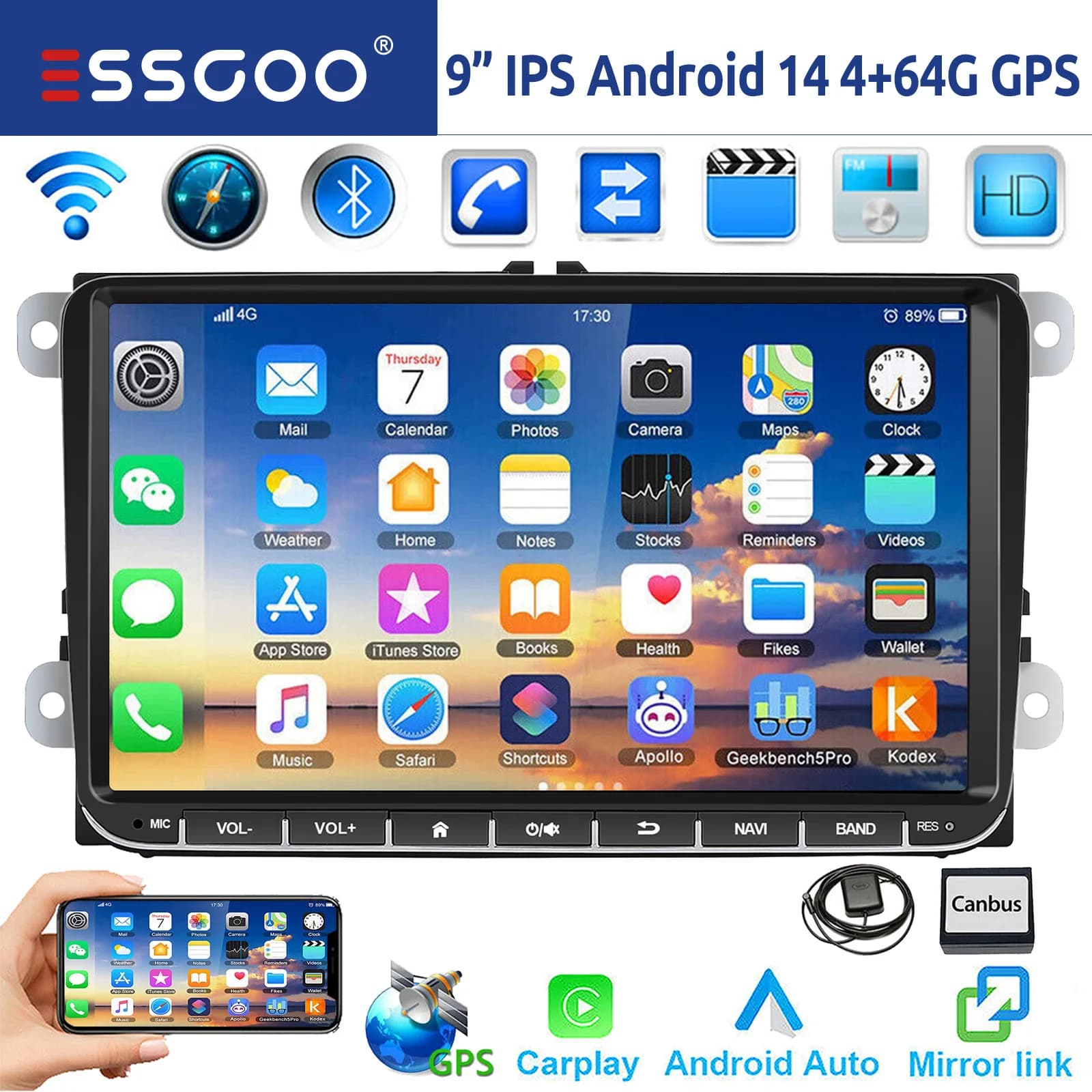 ESSGOO 9" Android 14 4G+64G Wireless Carplay Autoradio GPS NAVI WIFI RDS FM BT per VW Golf 5 6 Passat B6 B7 Polo 6R Touran Tiguan Caddy EOS Jetta T5 Seat Skoda