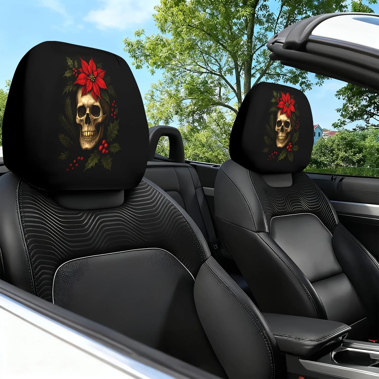 Set of 2 car headrests with skull-shaped floral print, not padded, elegant and comfortable, protect the headrests of the vehicle seats, easy to install