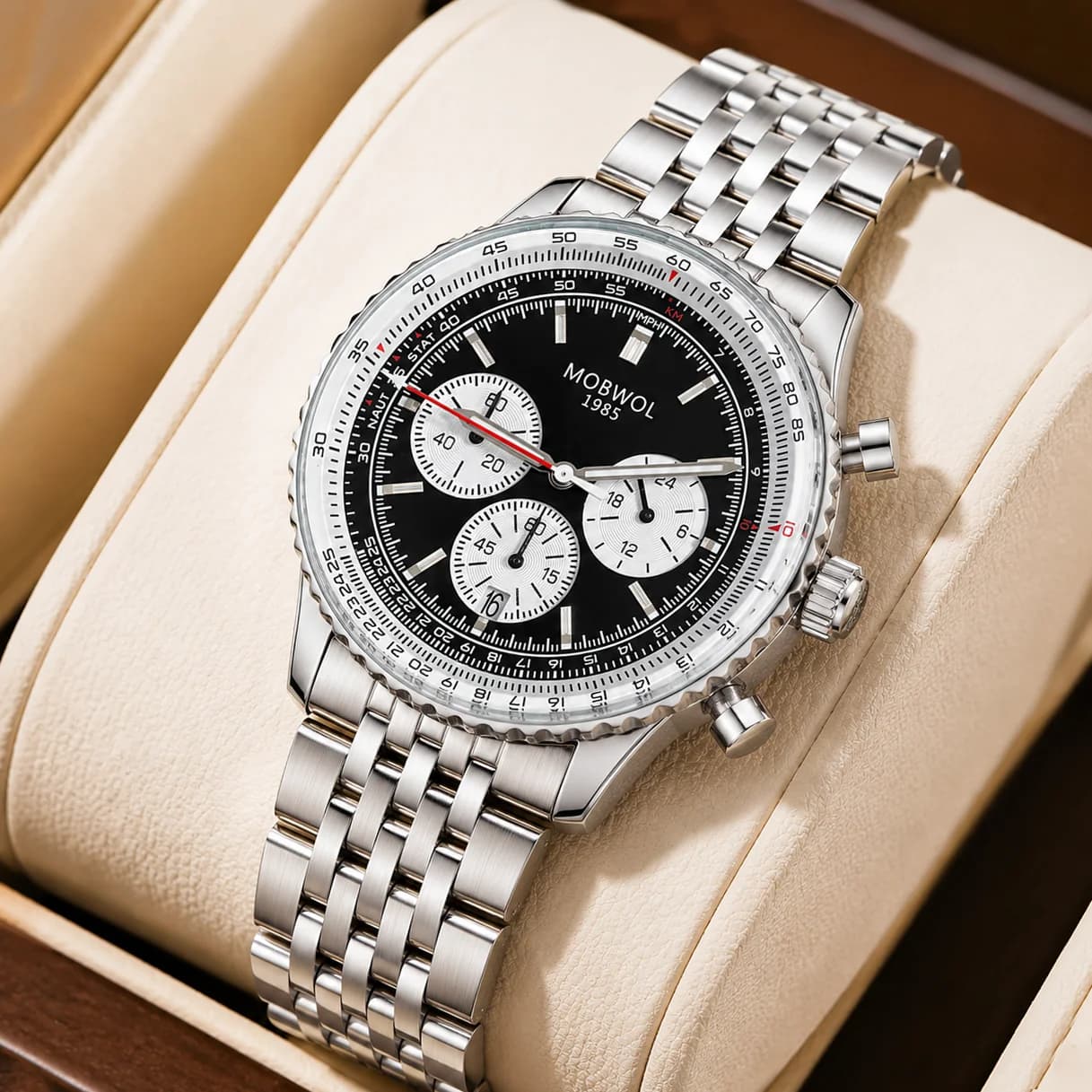 MOBWOL 1985 Men Chronograph Watch Stainless Steel Bracelet 30M Waterproof Quartz Sports Wristwatch Luxury Male Gift Watch