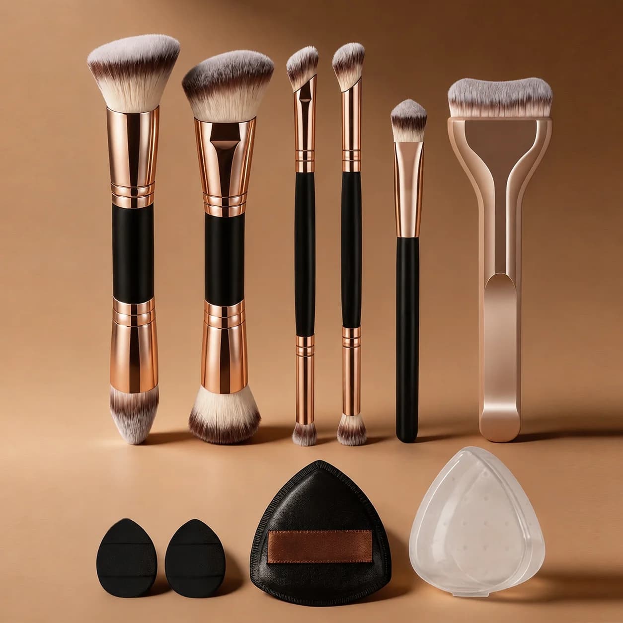 Set di 9 Pennelli per il Trucco con 6 Pennelli e 3 Spugnette, Pennello per Fondotinta, Pennello per Blush, Pennello per Correttore, Pennello per Illuminante