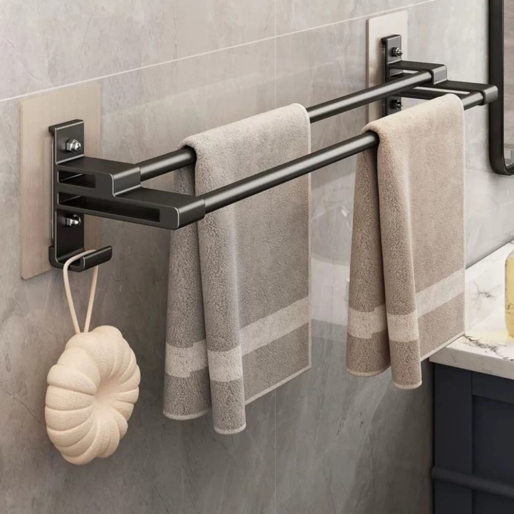 Portasciugamani da bagno in alluminio spaziale senza foratura portasciugamani autoadesivo a doppia asta portasciugamani da doccia organizzatore da bagno