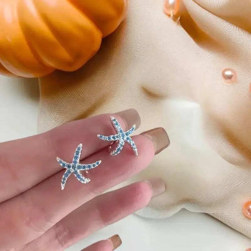 Fashionable blue star shaped pearl earrings with rhinestones, small and pretty, for women and girls, beach jewelry, gift for parties