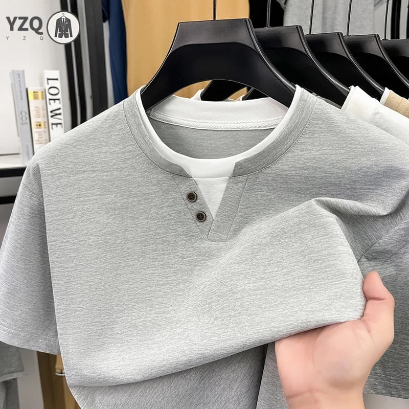 T-shirt da uomo a maniche corte con collo Henley, finto due pezzi, casual, traspirante, slim fit, per outfit quotidiani.