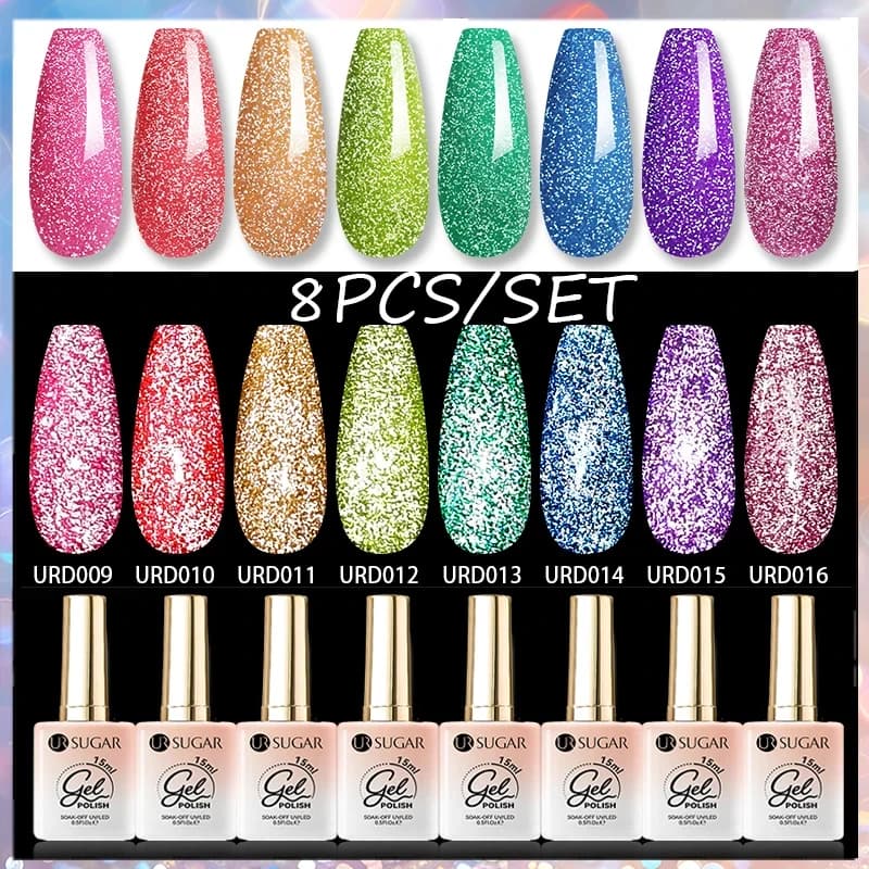 UR SUGAR 8 Pz Glitter Riflettente Gel Fluorescente Smalto Gel Per Unghie Set Effetto Flash Neon Colore Soak Off Gel UV Nail Art VarnishKit