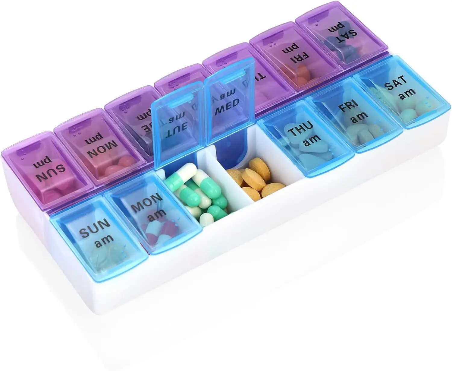 Portapillole Portatile a Doppio Scomparto, in Plastica PP con Coperchio 14,5x7 cm, compatto, per viaggi, auto, organizer