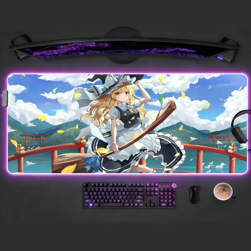 Touhou Kirisame Marisa Mouse Pad RGB LED Tappetino da scrivania antiscivolo Accessori da gioco in gomma Tappetino per tastiera da ufficio grande XXL