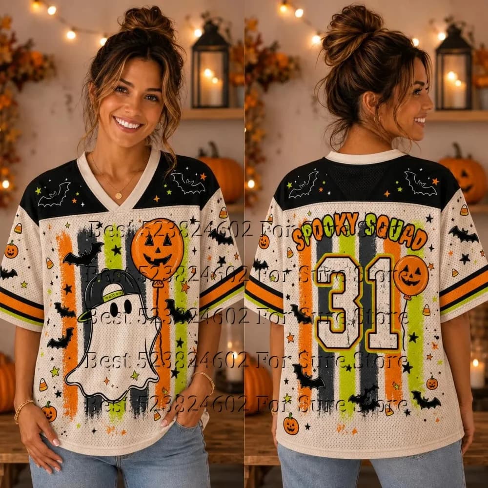Halloween Spooky Squad Graphic Mesh Jersey Shirt Women Cute Ghost Pumpkin V Neck Short Sleeve Loose Sport Trick Party Outfit