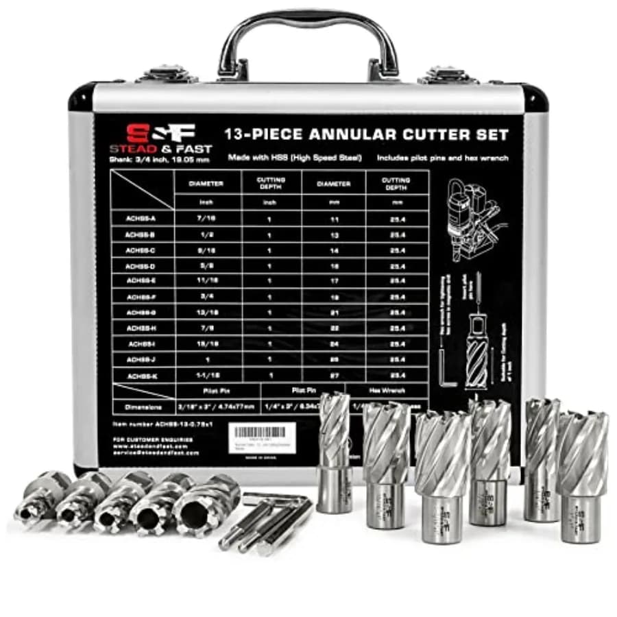 Annular Cutter Set 13 Pcs by, Cutting Depth 1" Cutting Diameter 7/16" to 1-1/16" Inch, Mag Drill Bits Kit for Magnetic Drill Pr