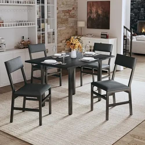 Dining Table Set for 4, Extendable Kitchen Table Cushion Chairs Set of 4, Rectangle Dining Table with Metal Frame & MDF