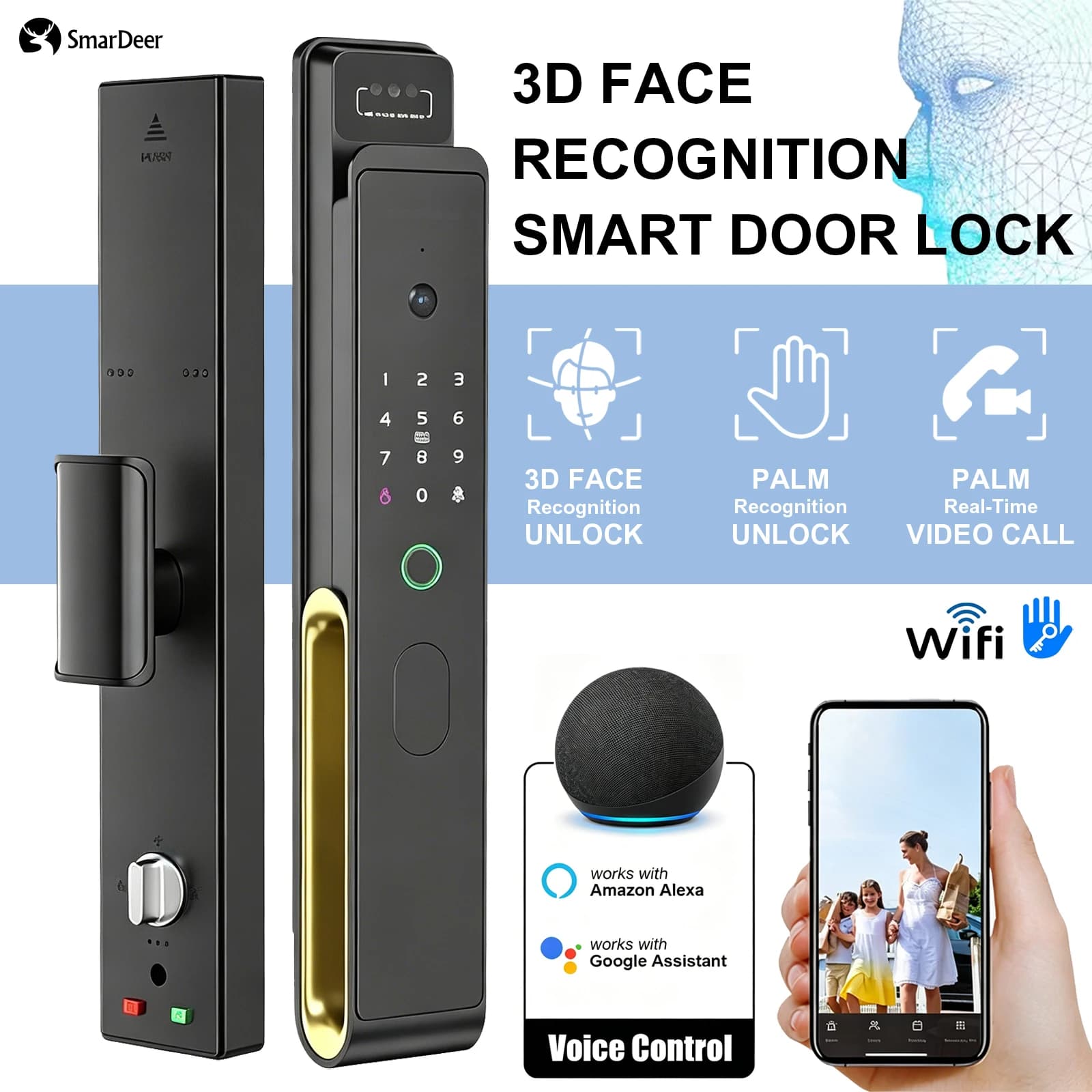 SmarDeer Smart Door Lock,Voice Control with Alexa & Google,No Gateway,TTLock App Remote Video Call Fingerprint Door Lock