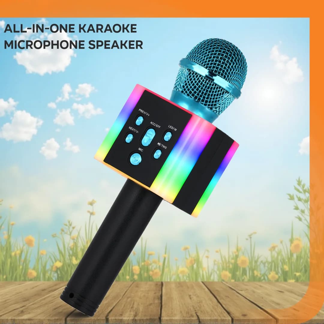 Altoparlante per microfono karaoke wireless Bluetooth con 4 smontagiri e luci a LED, supporta radio FM, regalo portatile per feste KTV