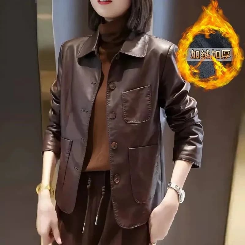 Autumn Winter Lady Fashion Velvet PU Leather Top Korean Women Large Size 4XL Leather Coat 2025 Female Lapel Faux Leather Jacket