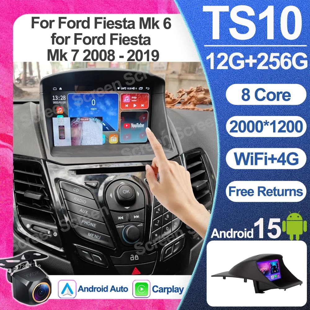 Autoradio Carplay Android 15 For Ford Fiesta Mk 6 for Ford Fiesta Mk 7 2008 - 2019 Video Multimedia Touch Screen Auto GPS