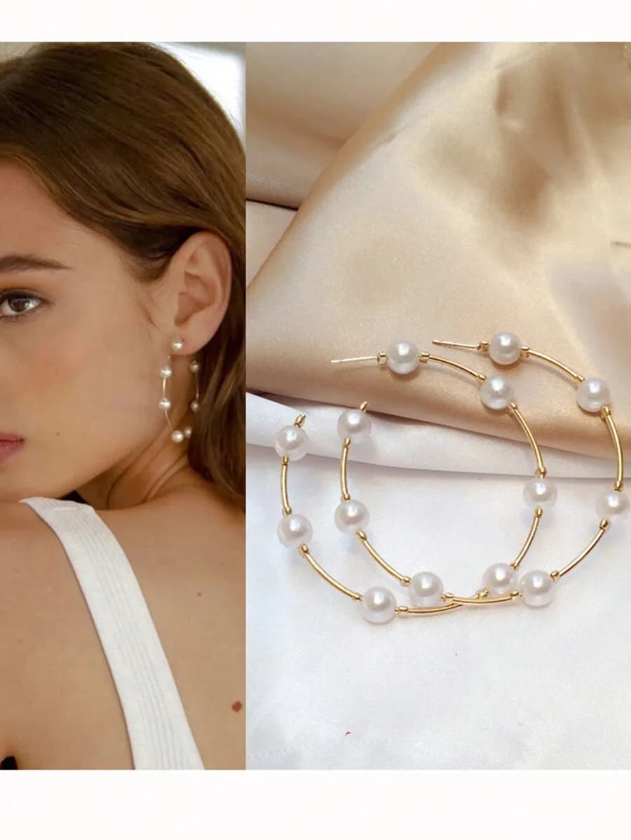 Large Circle Faux Pearl Hoop Earrings For Women Vintage Style Fashion Jewelry