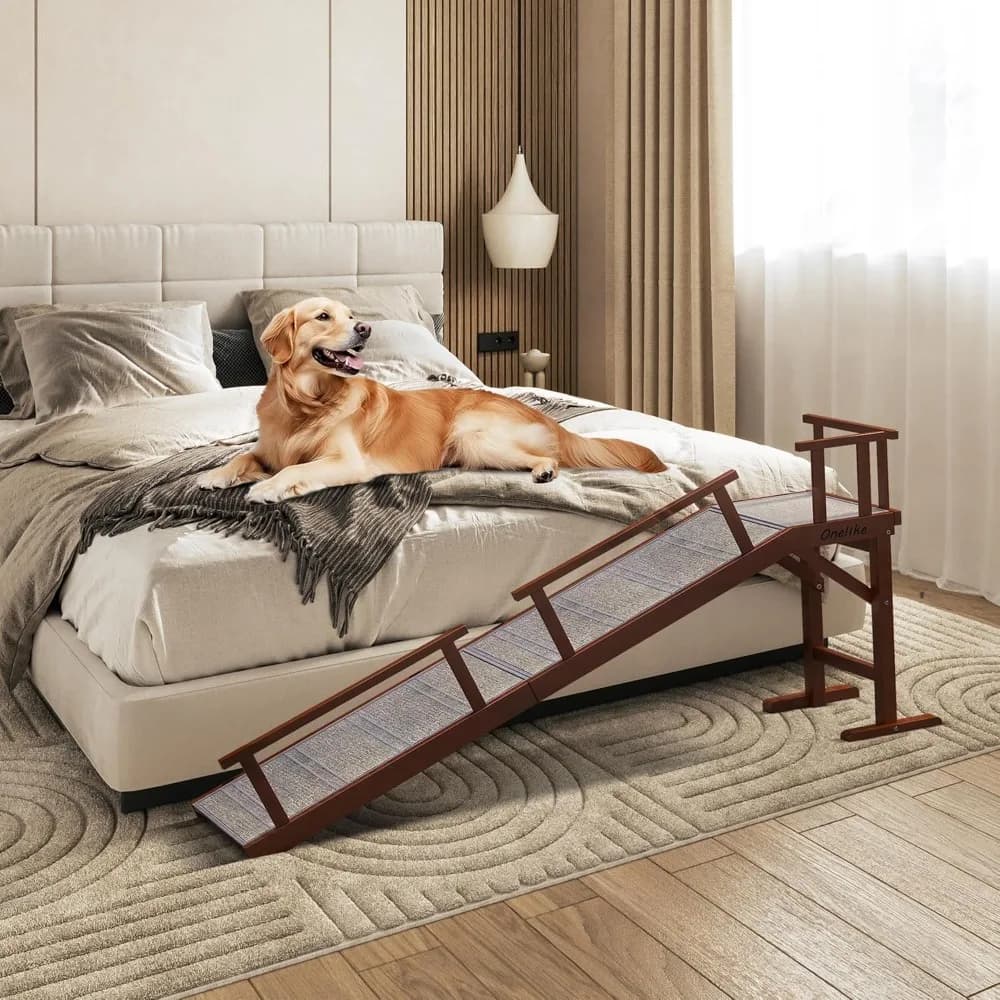 Rampa per cani in legno per letto con binario laterale rimovibile e tappeto antiscivolo, scala stabile con rampa per animali domestici per divano divano per piccoli, grandi e S