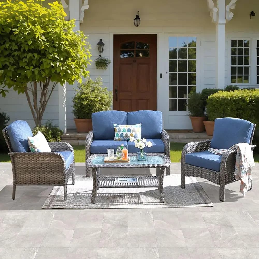 Set di mobili da giardino in vimini da 4 pezzi, divano in vimini da esterno con sedie e tavolino, divano a due posti in rattan con schienale alto e comodi cuscini.