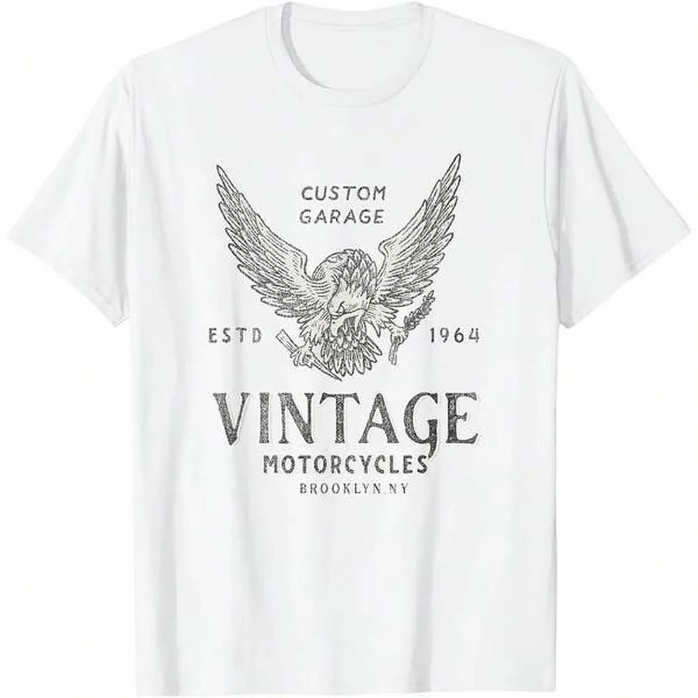 Custom Garage Vintage Motorcycles Brooklyn Ny T-Shirt All Seasons,220g Pure Cotton Single-Sided Printed Crew Neck Short-Sleeved T-Shirt,Unisex Top,Base Layer