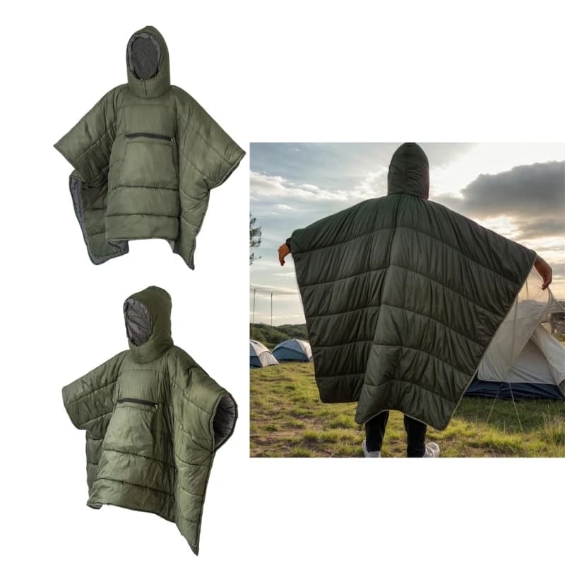 Sacco a pelo caldo da campeggio all'aperto pieghevole Poncho invernale Mantello indossabile con tasche grandi Mantello con cappuccio antivento portatile