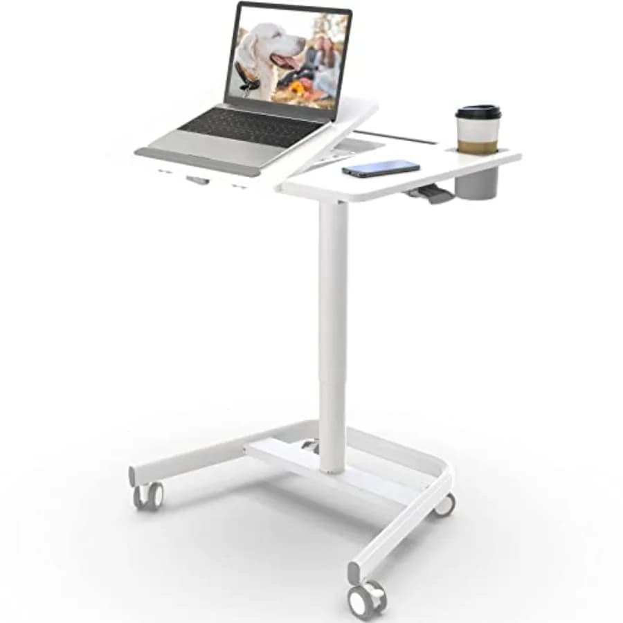 Scrivania mobile in piedi Tavolo regolabile in altezza 60 ° Scrivania per laptop inclinabile con rotelle Scrivania portatile con supporto per sedile con portabicchieri con ruote per