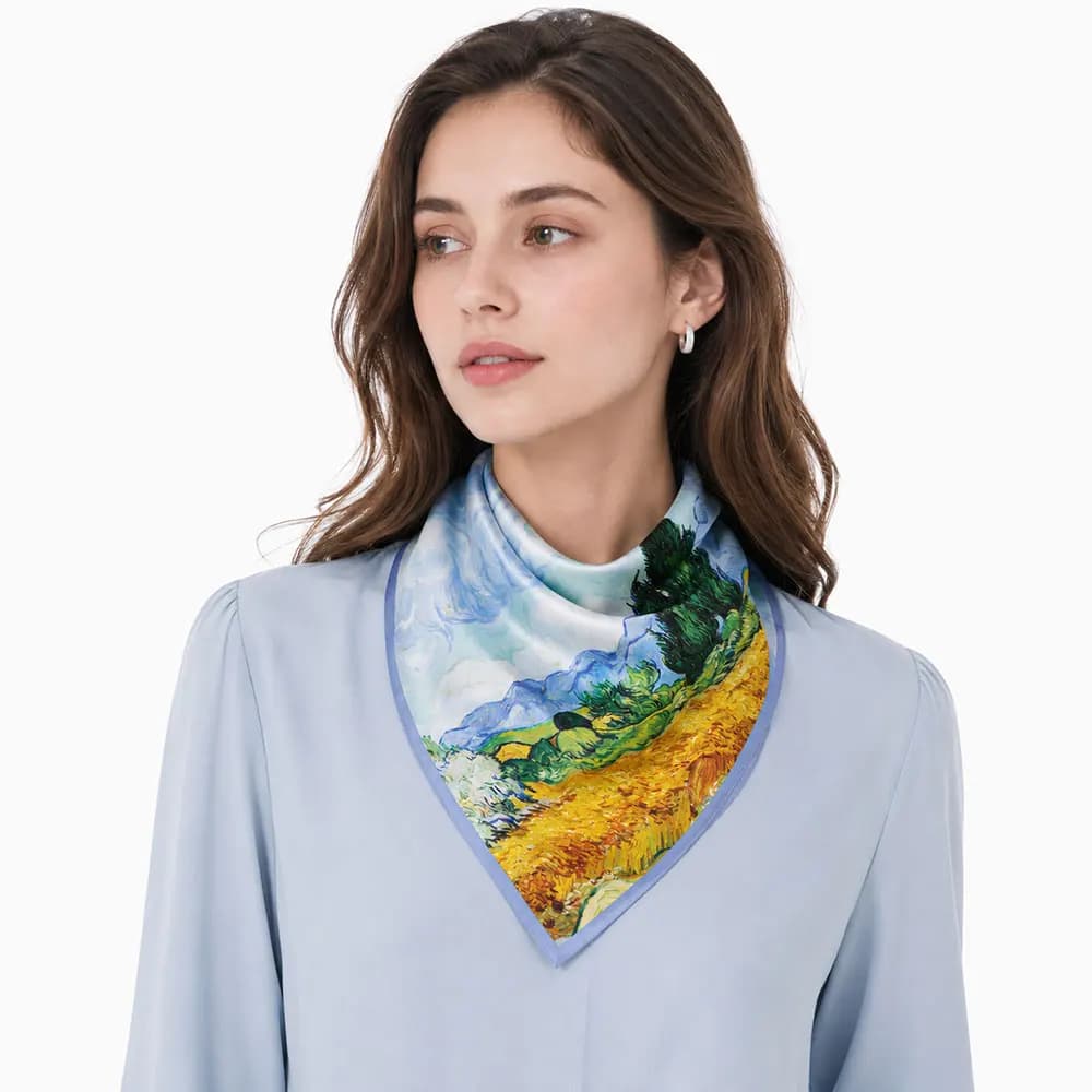 Sciarpa in Pura Seta da 53cm per Donne, Lussuosa Foulard Quadrata Primaverile 100% Naturale, Design Campo di Grano, Regalo per Colleghi