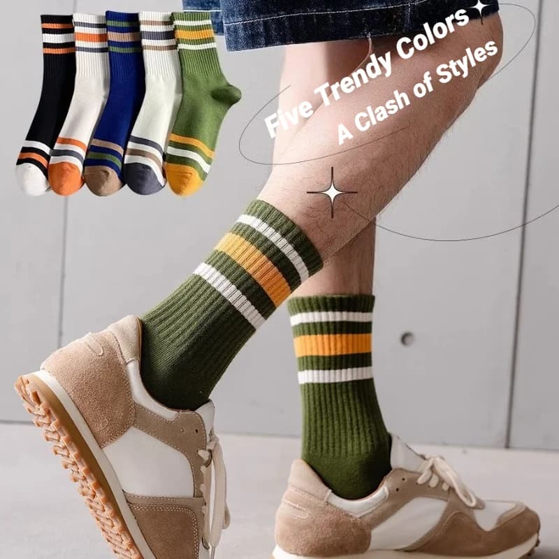 5 Pairs Men's Colorful Striped Casual Socks, Fashionable Sports Sweat Absorbing And Breathable, Suitable For All Seasons Soft