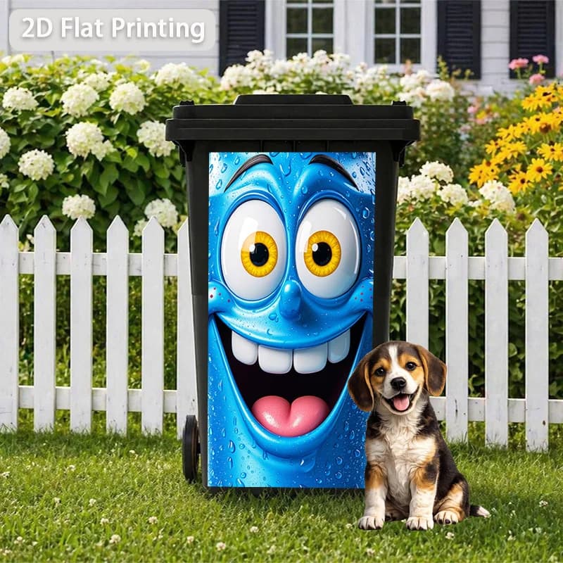 1pc Blue Funny Expression With Water Droplets Themed Trash Can Decal Wall Sticker, suitable for outdoor trash cans, walls