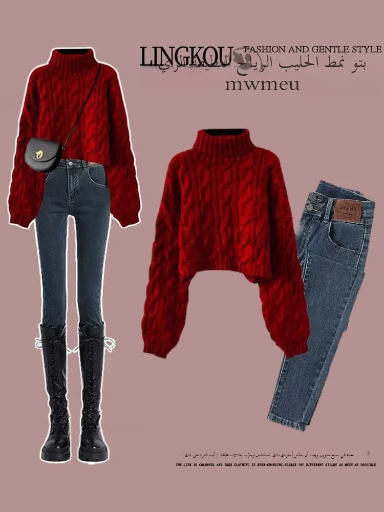 Completo in denim invernale taglie forti da donna, set due pezzi con maglione e jeans, rosso natalizio e di Capodanno, alla moda e che nasconde le formine.