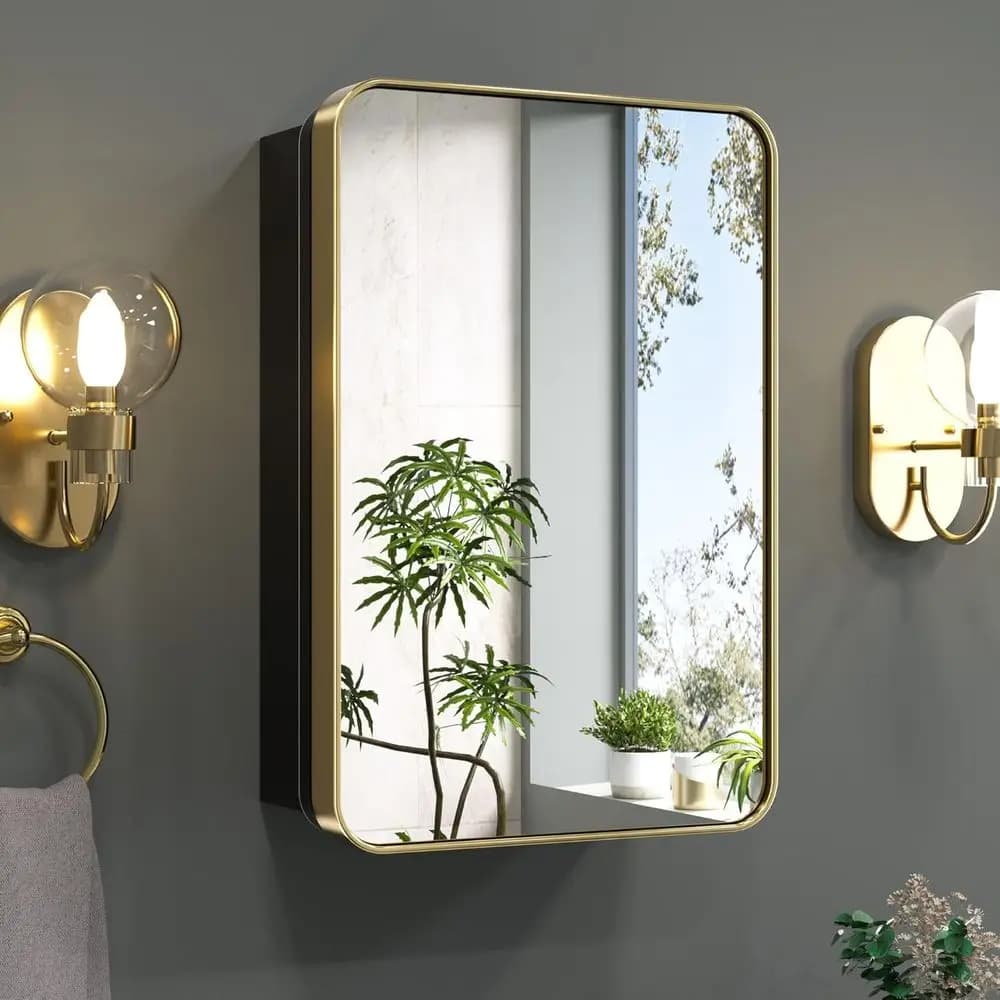 Armadietto da bagno dorato con specchio 16 x 24 pollici, piccolo armadietto per medicinali in ottone spazzolato, acciaio inossidabile, regolabile in altezza