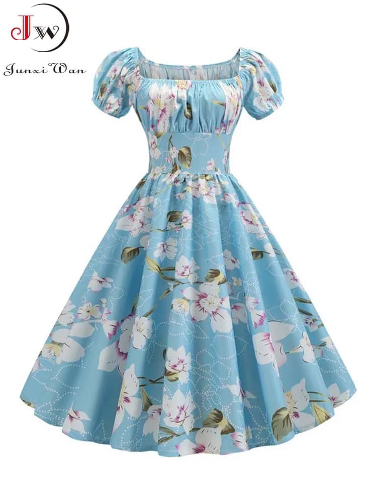 Abito longuette con maniche a sbuffo con stampa floreale vintage da donna Elegante abito da festa estivo a trapezio Rockabilly Pinup Abiti chic